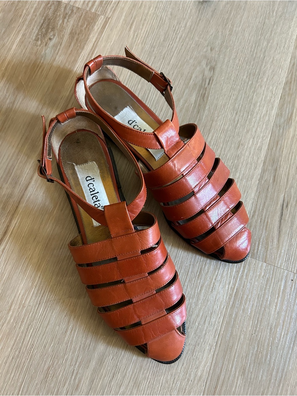 Vintage Cognac Leather Caged Slingback Heels | Retro Peep Toe Size 7
